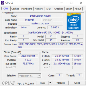 Intel Celeron N3050 CPU-Z