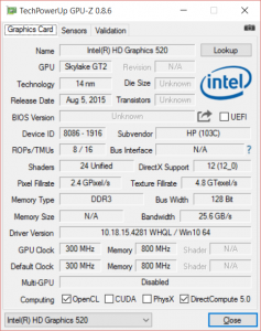 Intel HD 520 Graphics GPU-Z