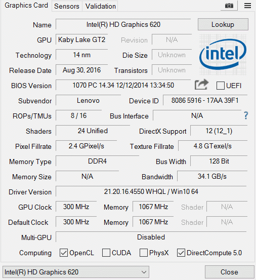 Intel HD 620 Specifications - GPU-Z
