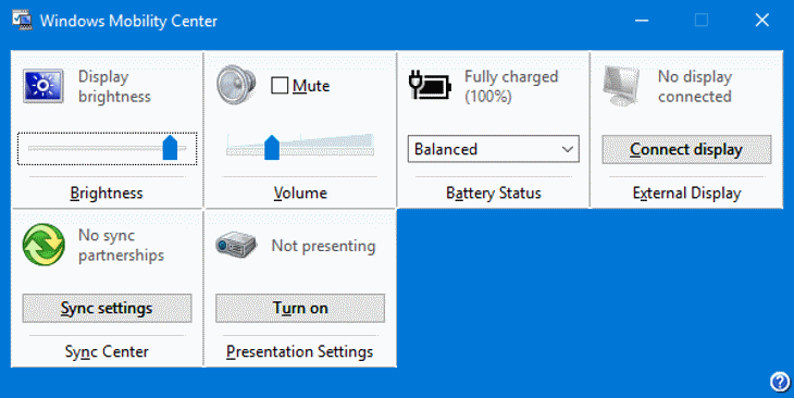 Brightness Settings on Winows 10 Laptop in Windows Mobility Center