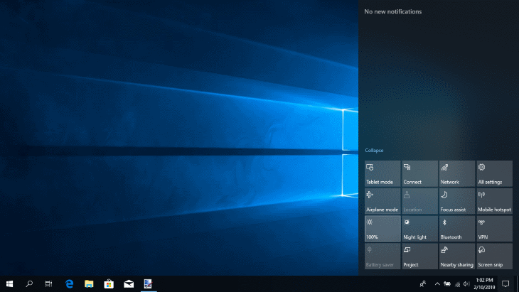 Display Brightness Settings - Windows Action Center - Winows 10