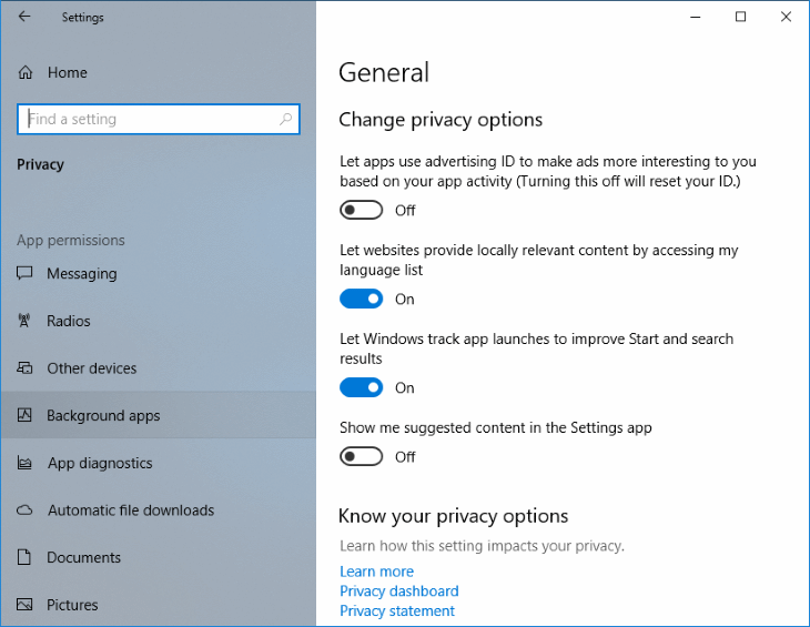 Settings - Privacy - Background Apps - Windows 10