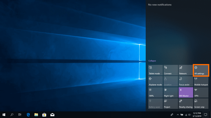 Windows 10 Settings via Action Center
