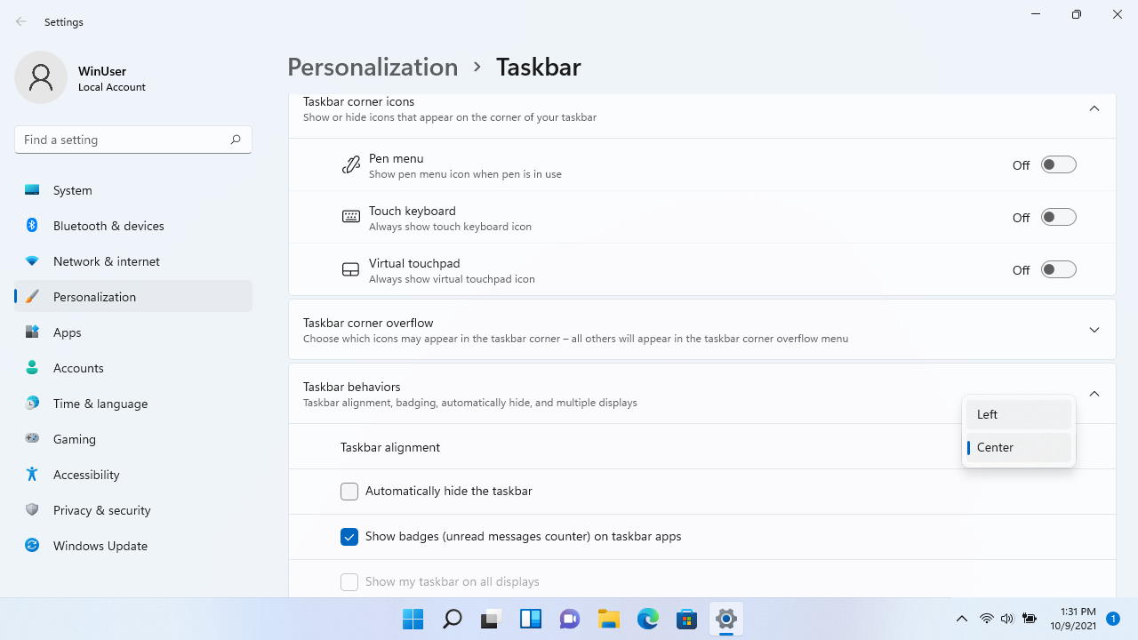 Windows 11 Move Taskbar to Left - Alignment Settings